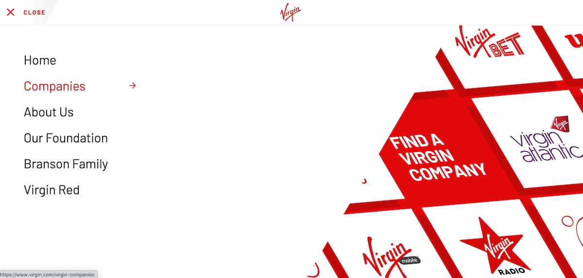 Screenshot of the navigation on the Virgin website